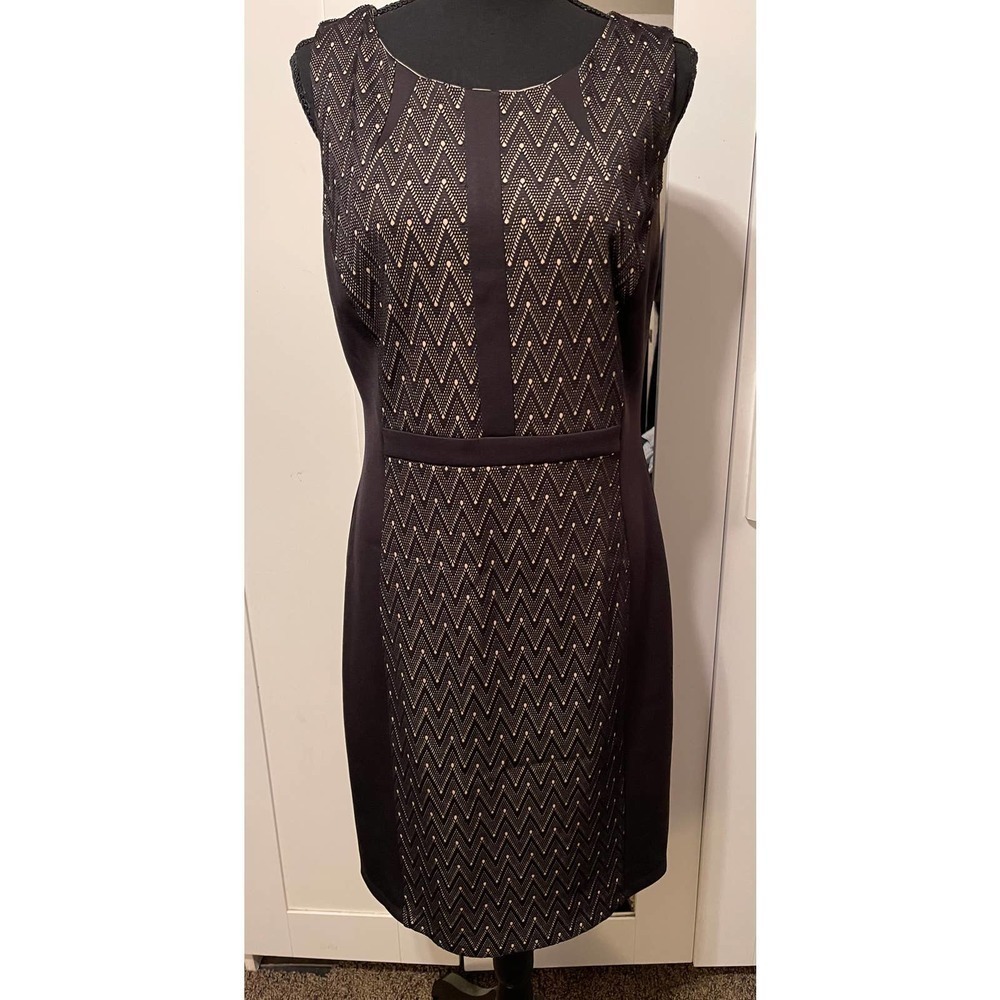 ALEXA B Black & Beige Midi Pencil Dress Slimming Visual Effect Size 12 Lined